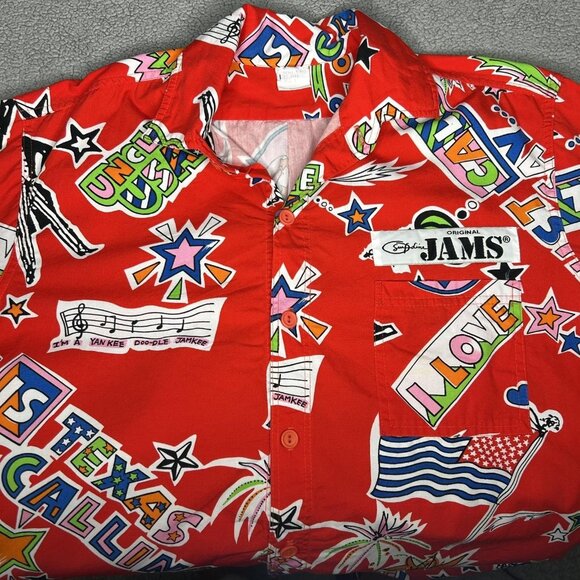 Vintage Surf Line Jams Shirt Mens Large Red USA Print 100% Cotton Button Up 90s - Picture 1 of 12